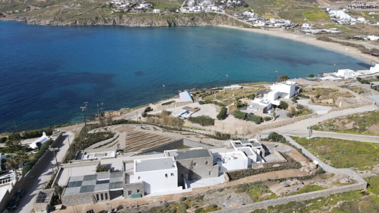 Aerial view of the bay at Kalo Livadi on the east coast of Mykonos