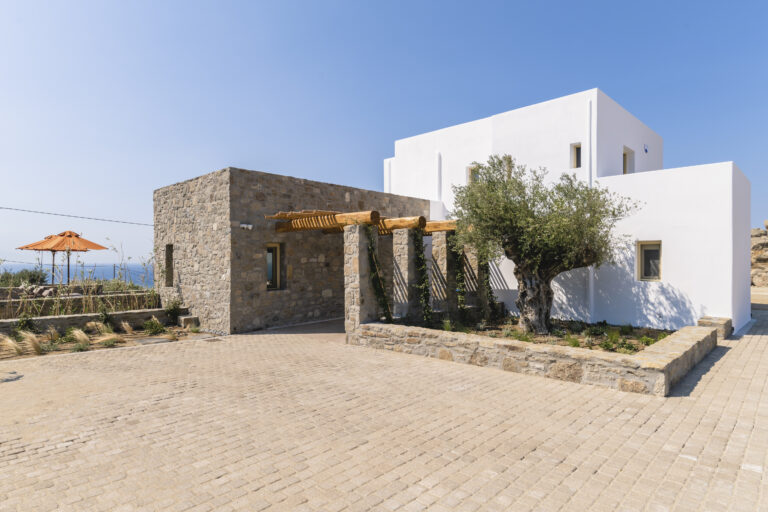 Stone and whitewashed villa with an olive tree and a paved courtyard