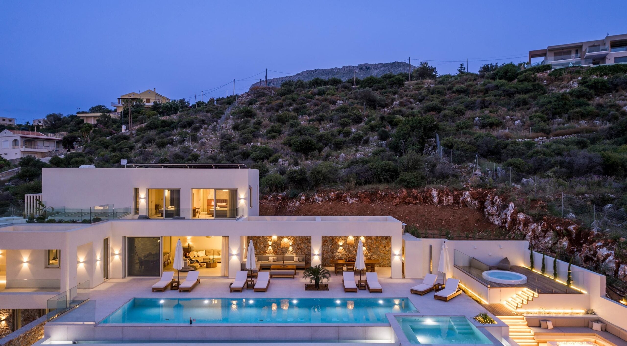 Luxury villa in Chania at dusk