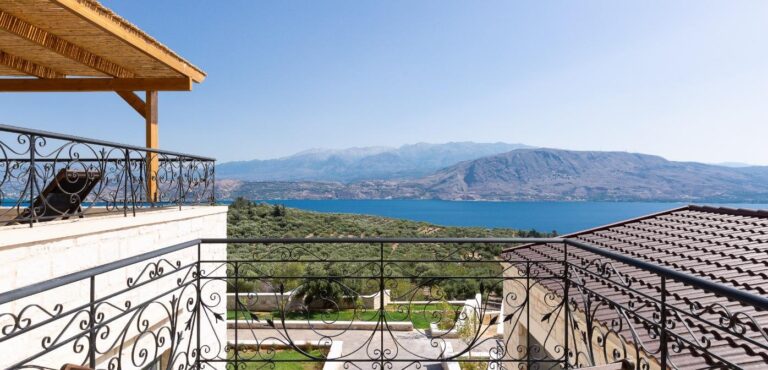 Balcony view over the bay and mountains from a villa in Chania