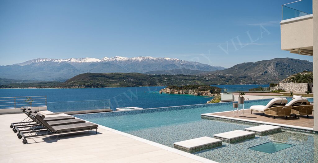 Pool terrace facing the sea and the White Mountains at Villa Only View, Akrotiri, Chania