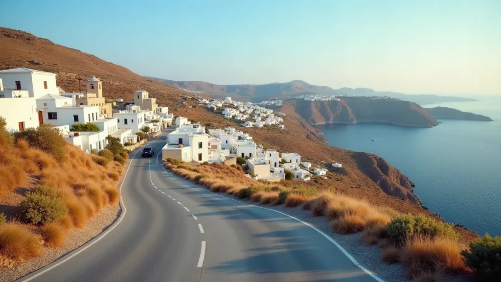 Winding coastal road past whitewashed houses above the Aegean on Mykonos