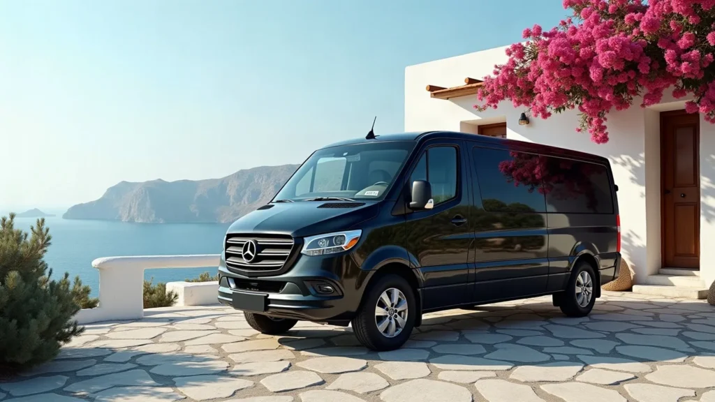 Black passenger van parked outside a whitewashed villa with bougainvillea on Mykonos